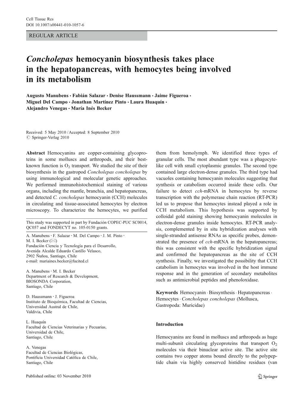 Concholepas Hemocyanin Biosynthesis Takes Place in the Hepatopancreas, with Hemocytes Being Involved in Its Metabolism