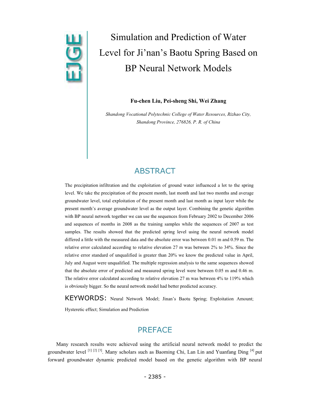 Simulation and Prediction of Water Level for Ji'nan's Baotu Spring