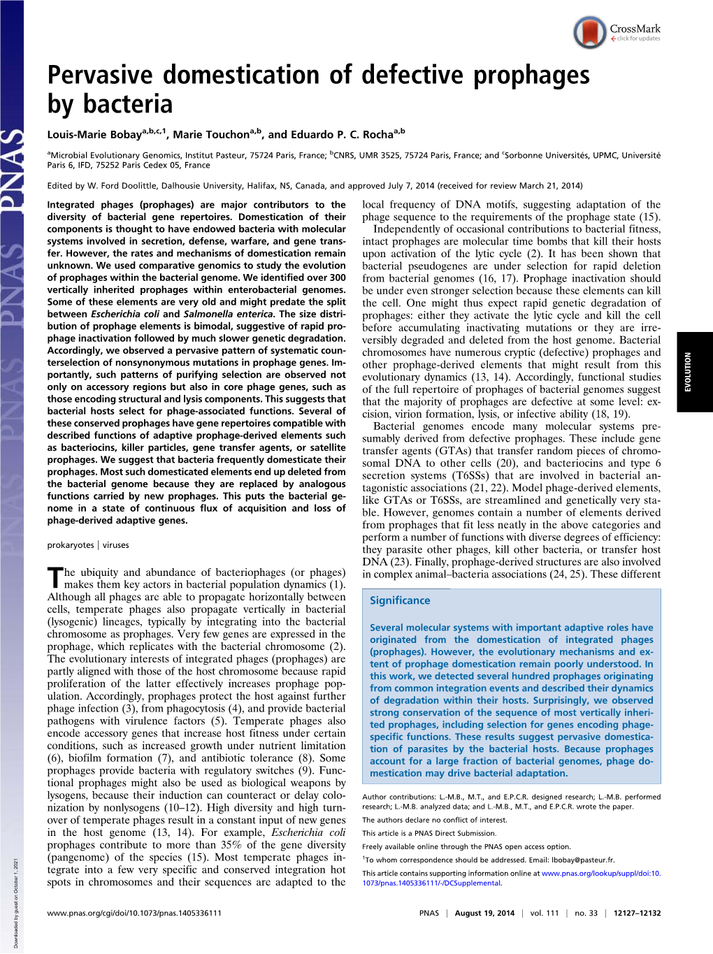 Pervasive Domestication of Defective Prophages by Bacteria