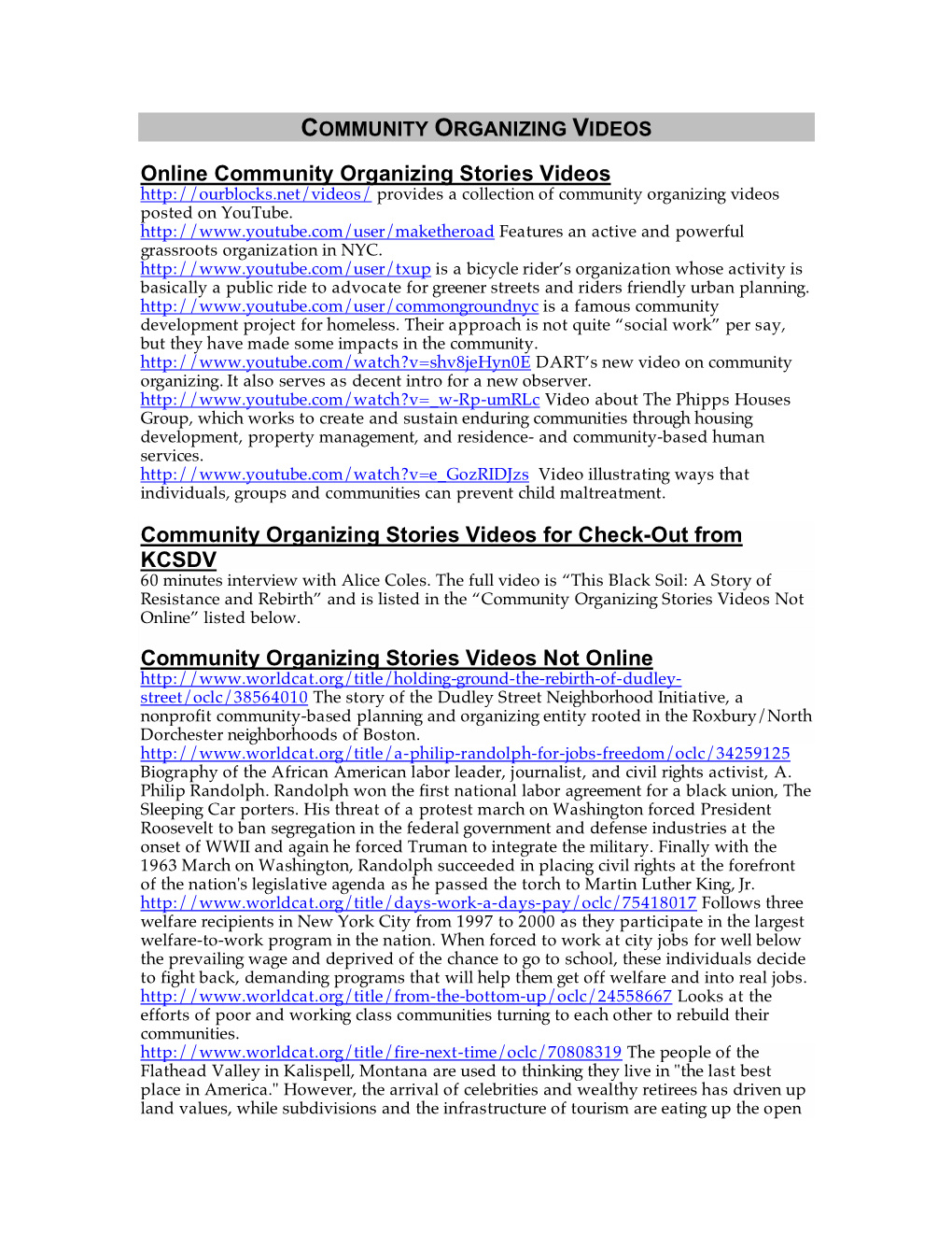 Community Organizing Videos (PDF)