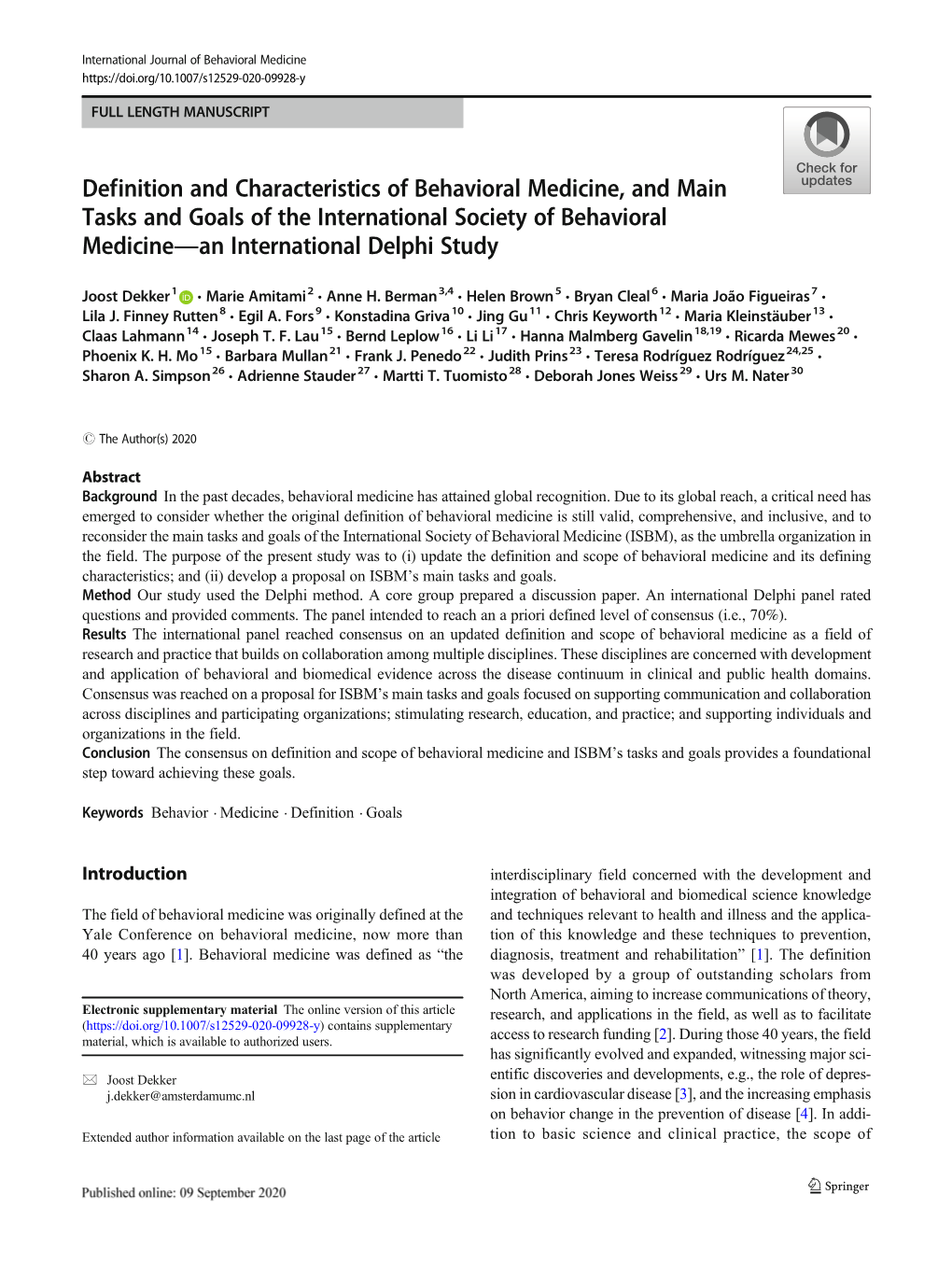 Definition and Characteristics of Behavioral Medicine, and Main Tasks and Goals of the International Society of Behavioral Medicine—An International Delphi Study