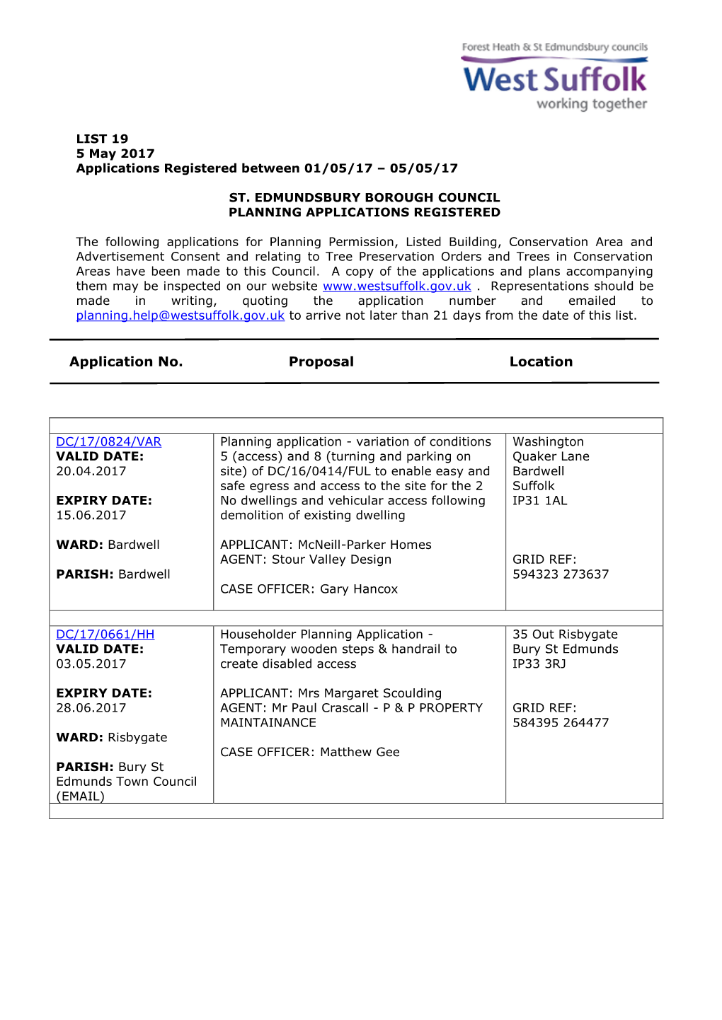 SEBC Planning Applications 19/17