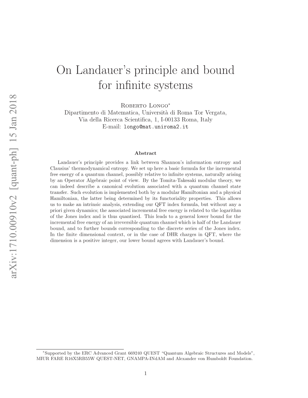 On Landauer's Principle and Bound for Infinite Systems