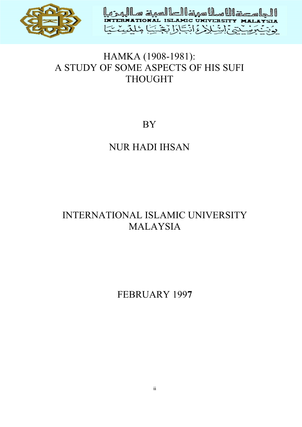 Hamka (1908-1981): a Study of Some Aspects of His Sufi Thoughts