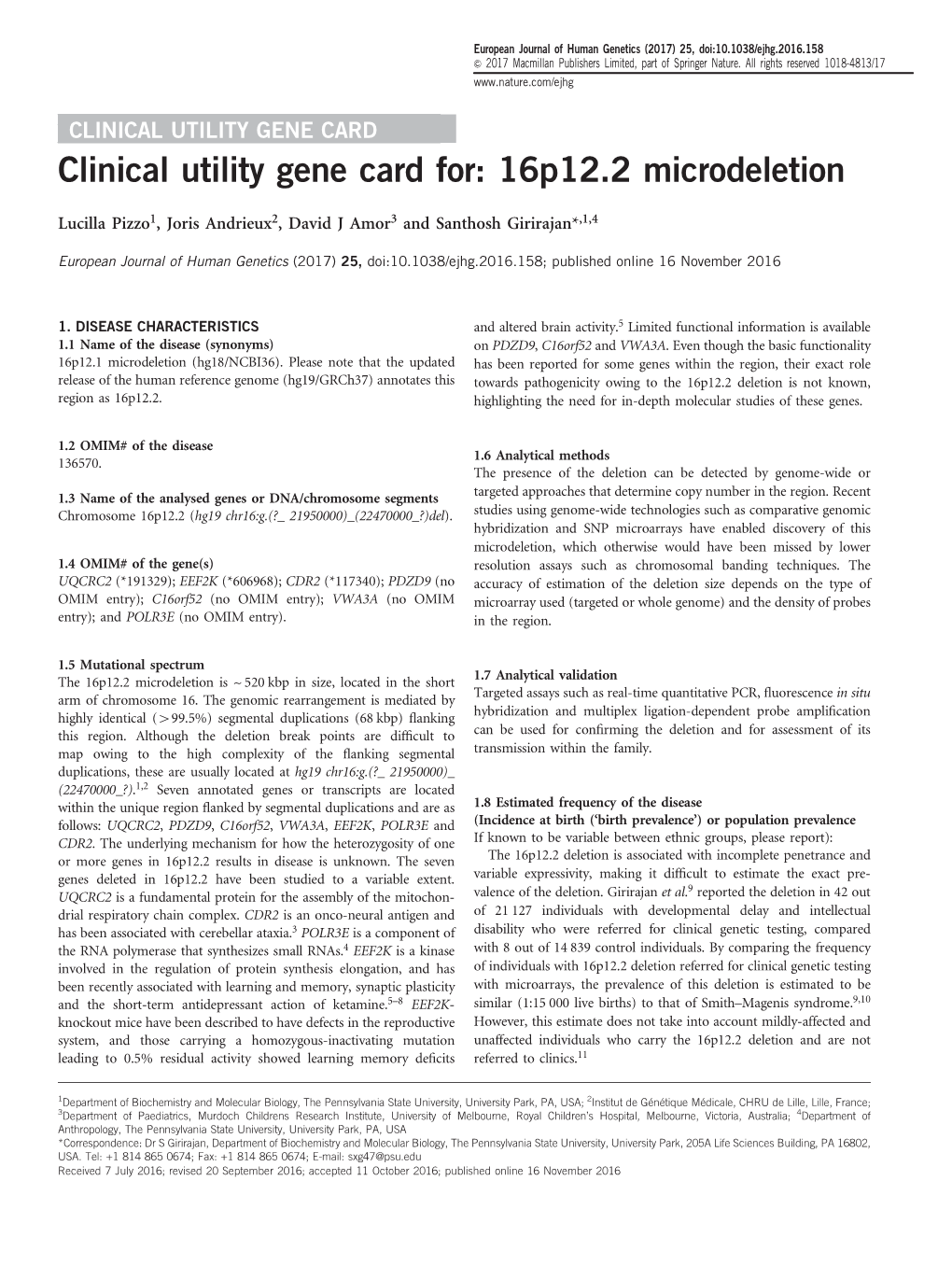 Clinical Utility Gene Card For: 16P12.2 Microdeletion