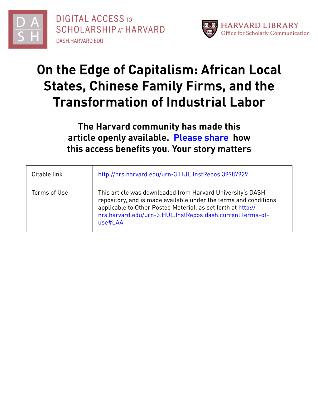 On the Edge of Capitalism: African Local States, Chinese Family Firms, and the Transformation of Industrial Labor