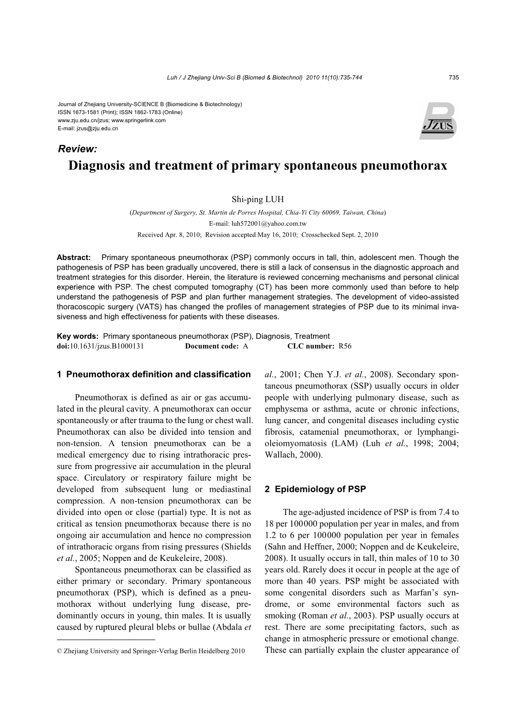 Diagnosis and Treatment of Primary Spontaneous Pneumothorax