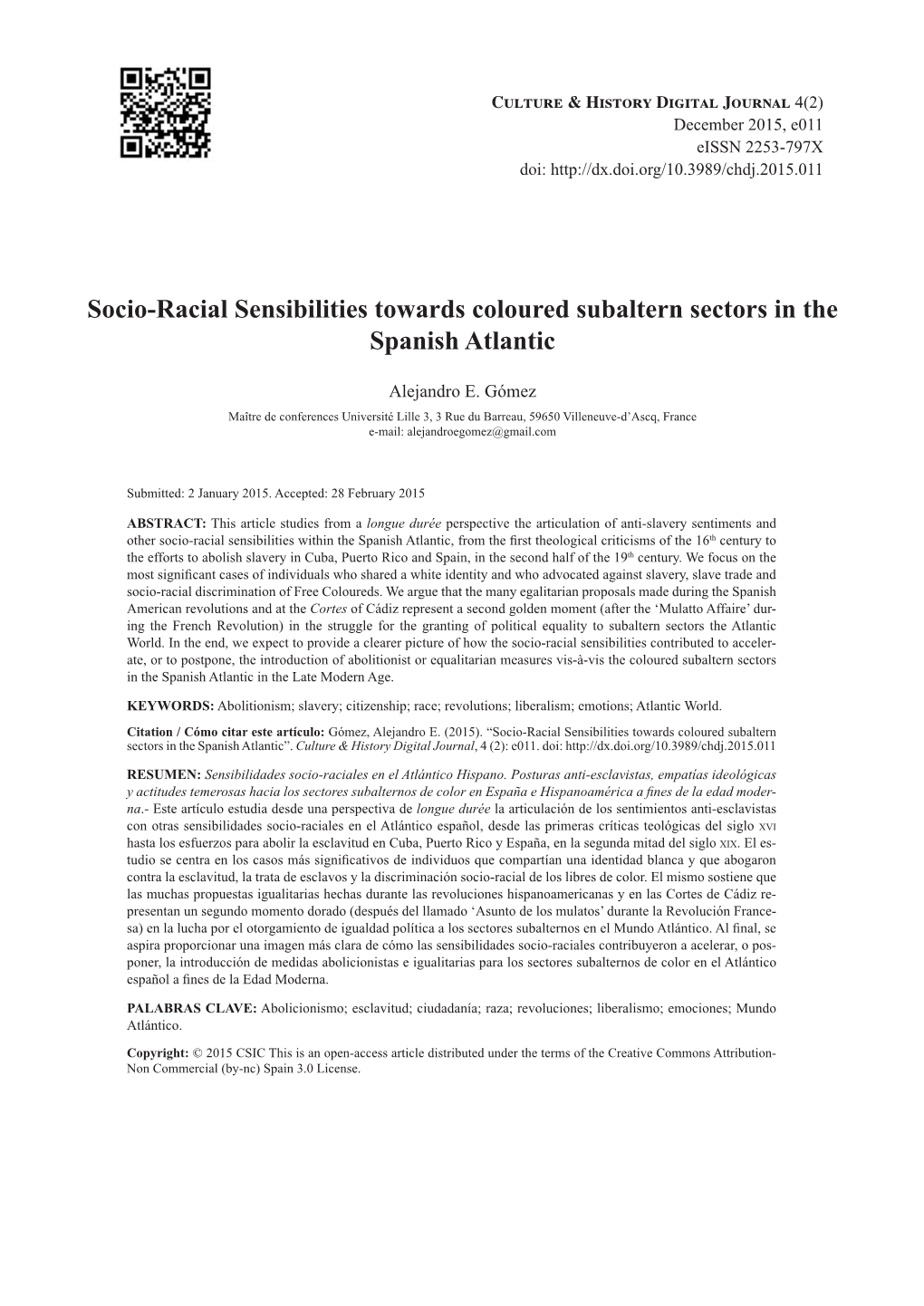 Socio-Racial Sensibilities Towards Coloured Subaltern Sectors in the Spanish Atlantic