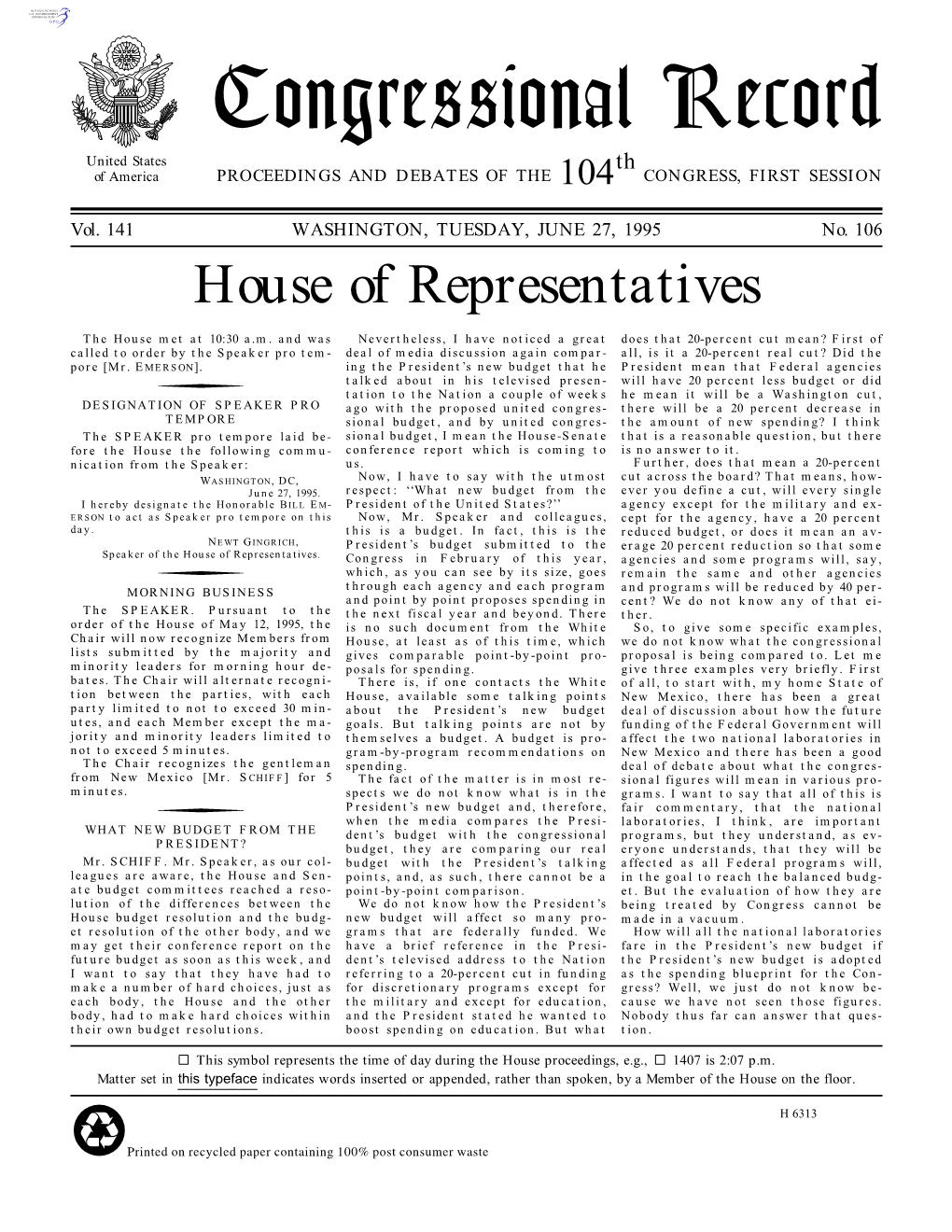 Congressional Record United States Th of America PROCEEDINGS and DEBATES of the 104 CONGRESS, FIRST SESSION