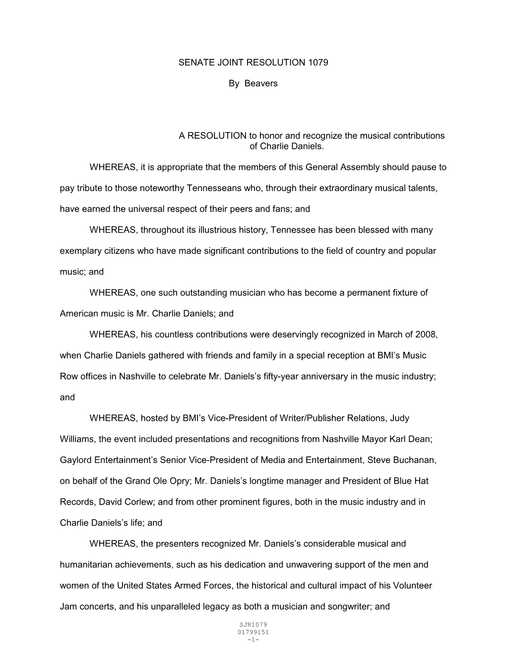 SENATE JOINT RESOLUTION 1079 by Beavers a RESOLUTION To