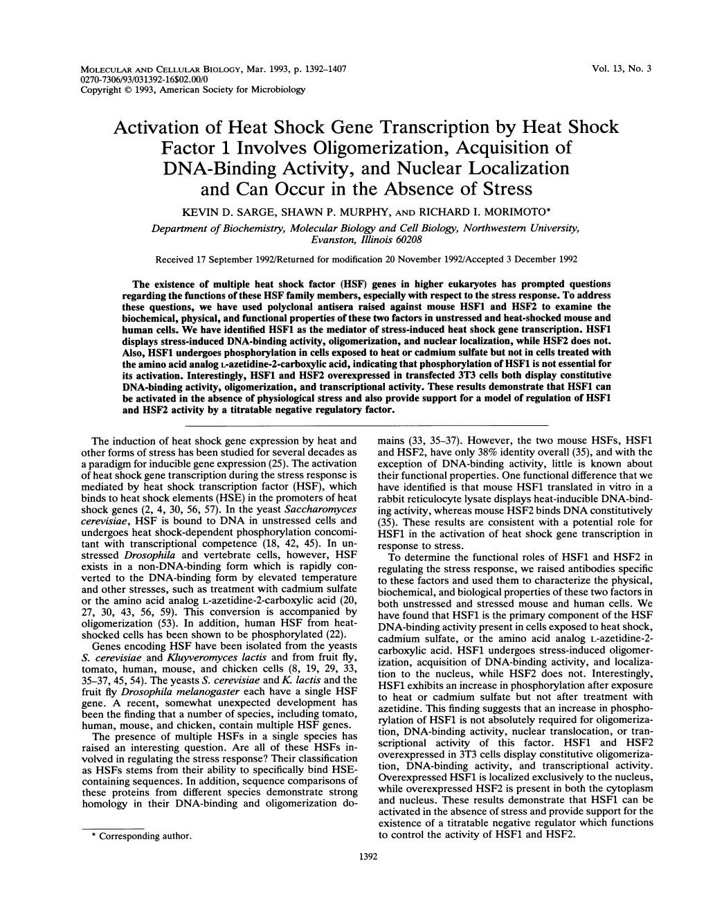 Activation of Heat Shock Gene Transcription by Heat Shock Factor 1