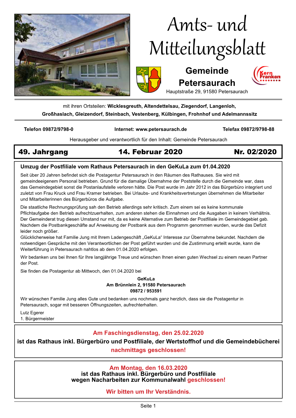 Amts- Und Mitteilungsblatt Gemeinde Petersaurach Hauptstraße 29, 91580 Petersaurach