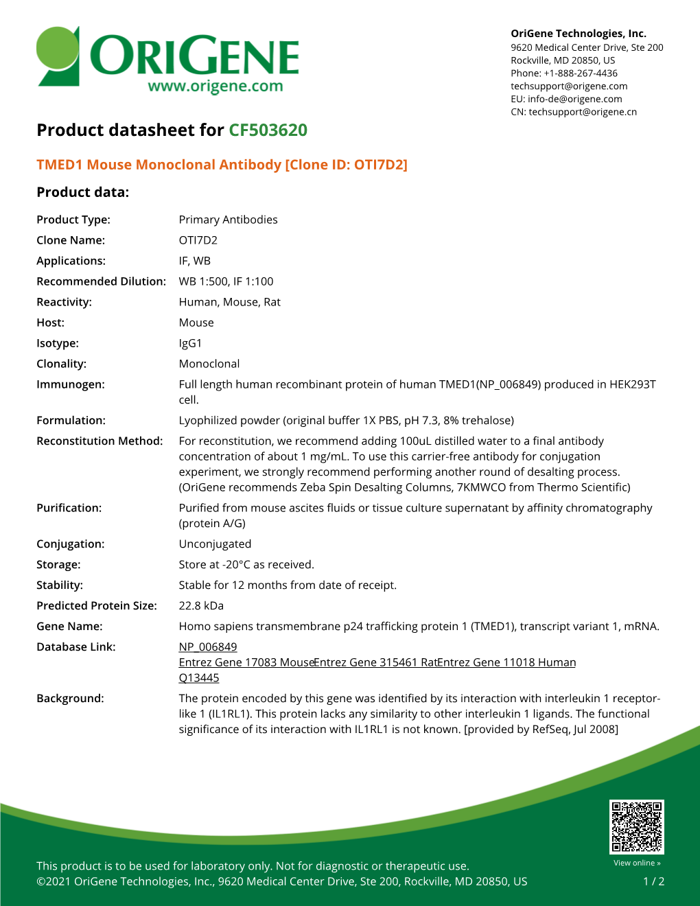TMED1 Mouse Monoclonal Antibody [Clone ID: OTI7D2] Product Data