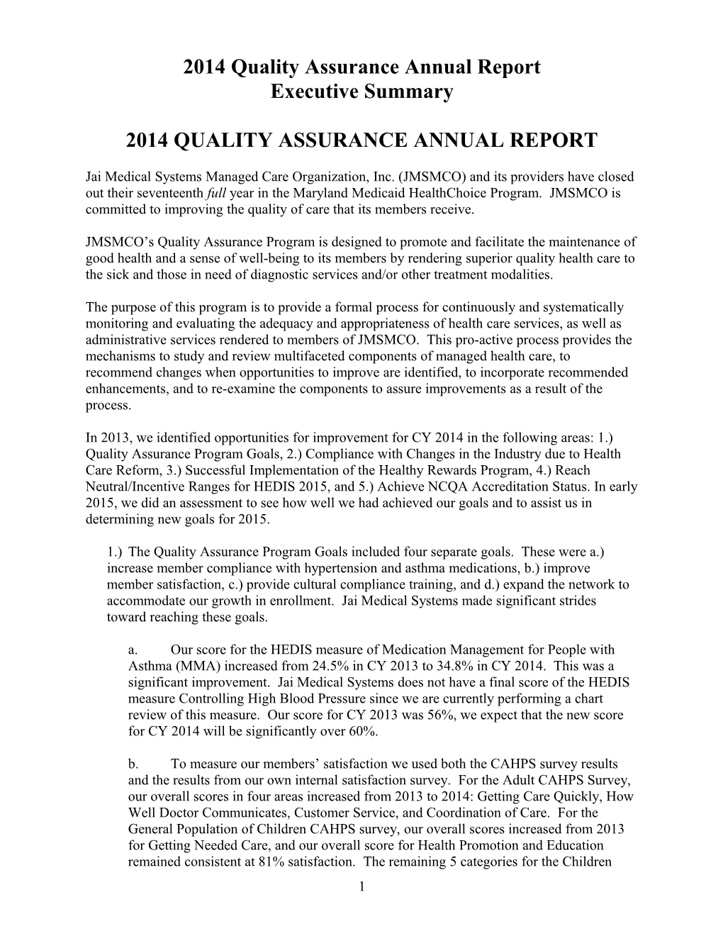 2014 Quality Assurance Annual Report
