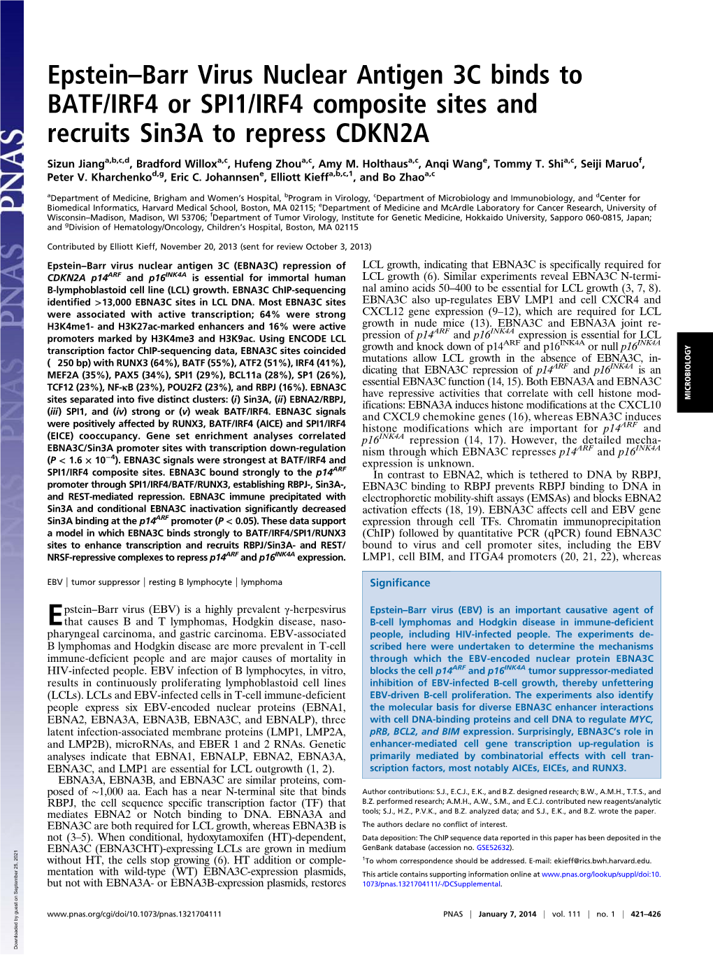 Epstein–Barr Virus Nuclear Antigen 3C Binds to BATF/IRF4 Or SPI1/IRF4 Composite Sites and Recruits Sin3a to Repress CDKN2A