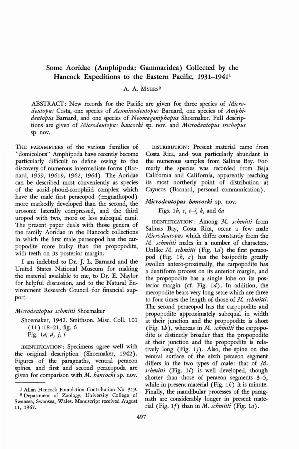 Some Aoridae (Amphipoda: Gammaridea) Collected by the Hancock Expeditions to the Eastern Pacific, 1931-1941 1 A