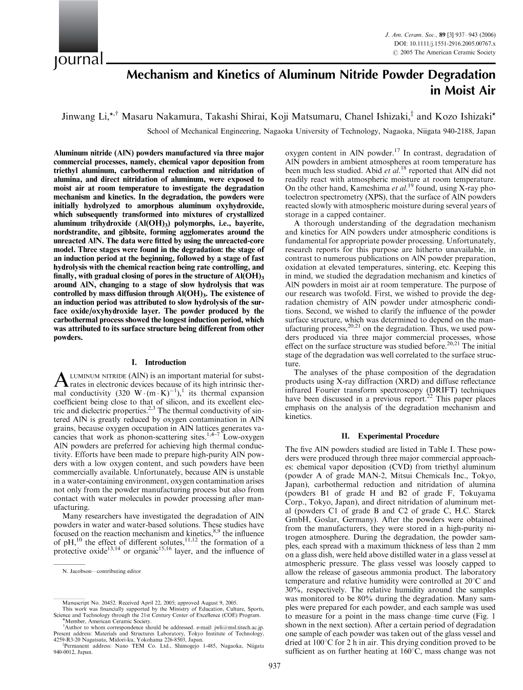 Mechanism and Kinetics of Aluminum Nitride Powder Degradation in Moist Air