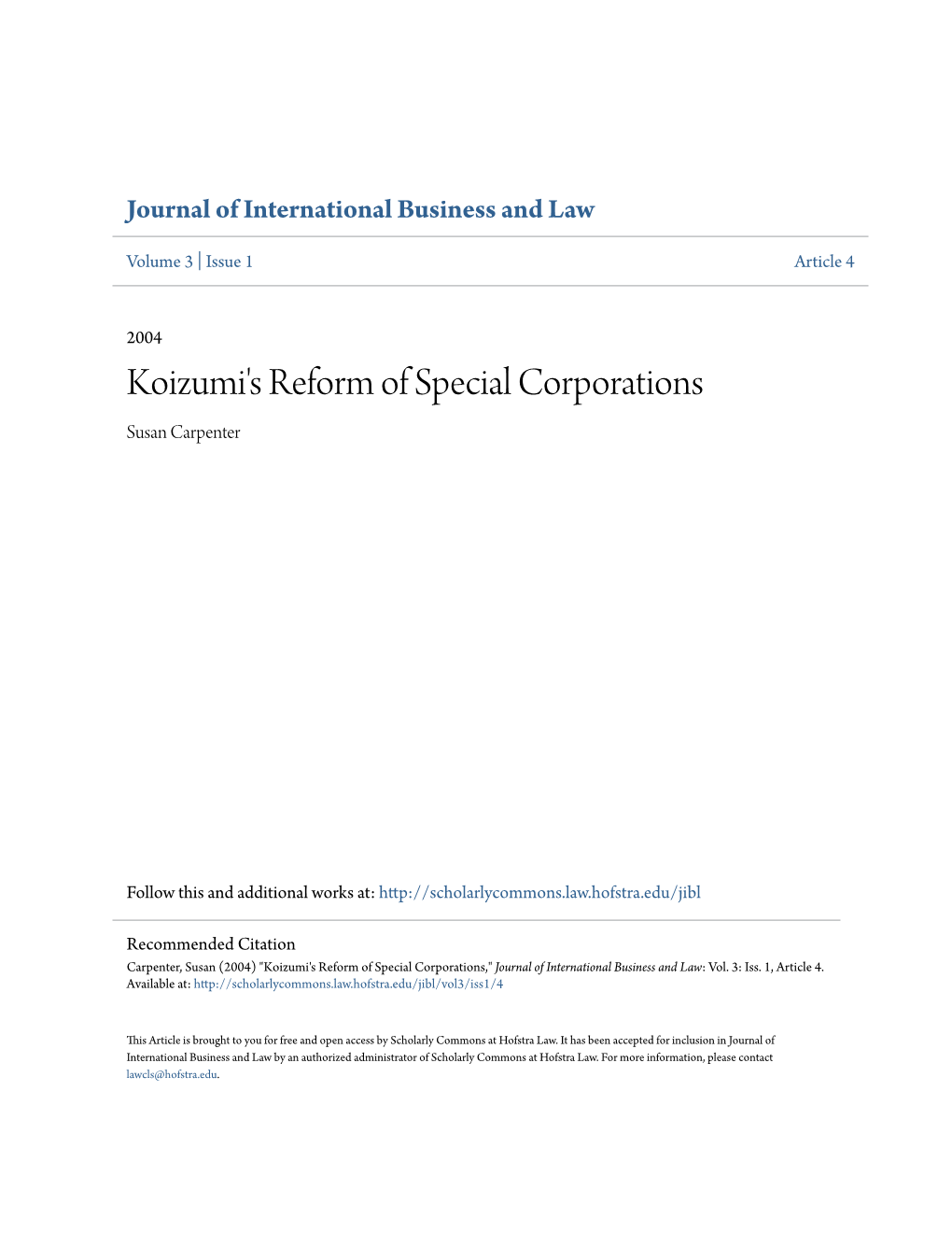 Koizumi's Reform of Special Corporations Susan Carpenter
