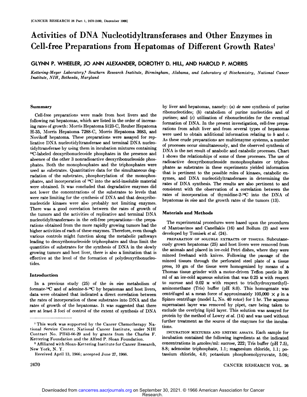 Activities of DNA Nucleotidyltransferases and Other Enzymes in Cell-Free Preparations from Hepatomas of Different Growth Rates1