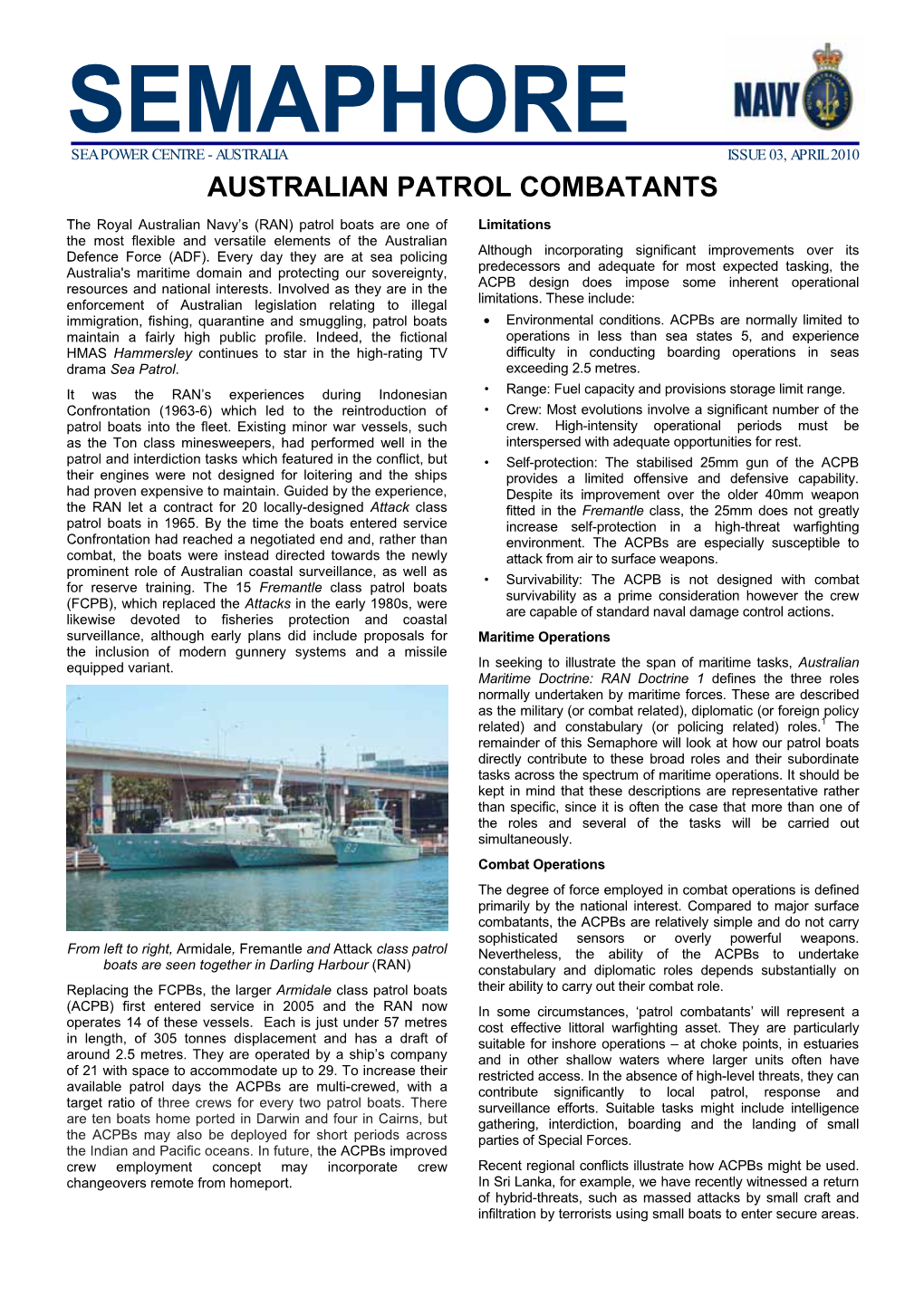 Semaphore Sea Power Centre - Australia Issue 03, April 2010 Australian Patrol Combatants