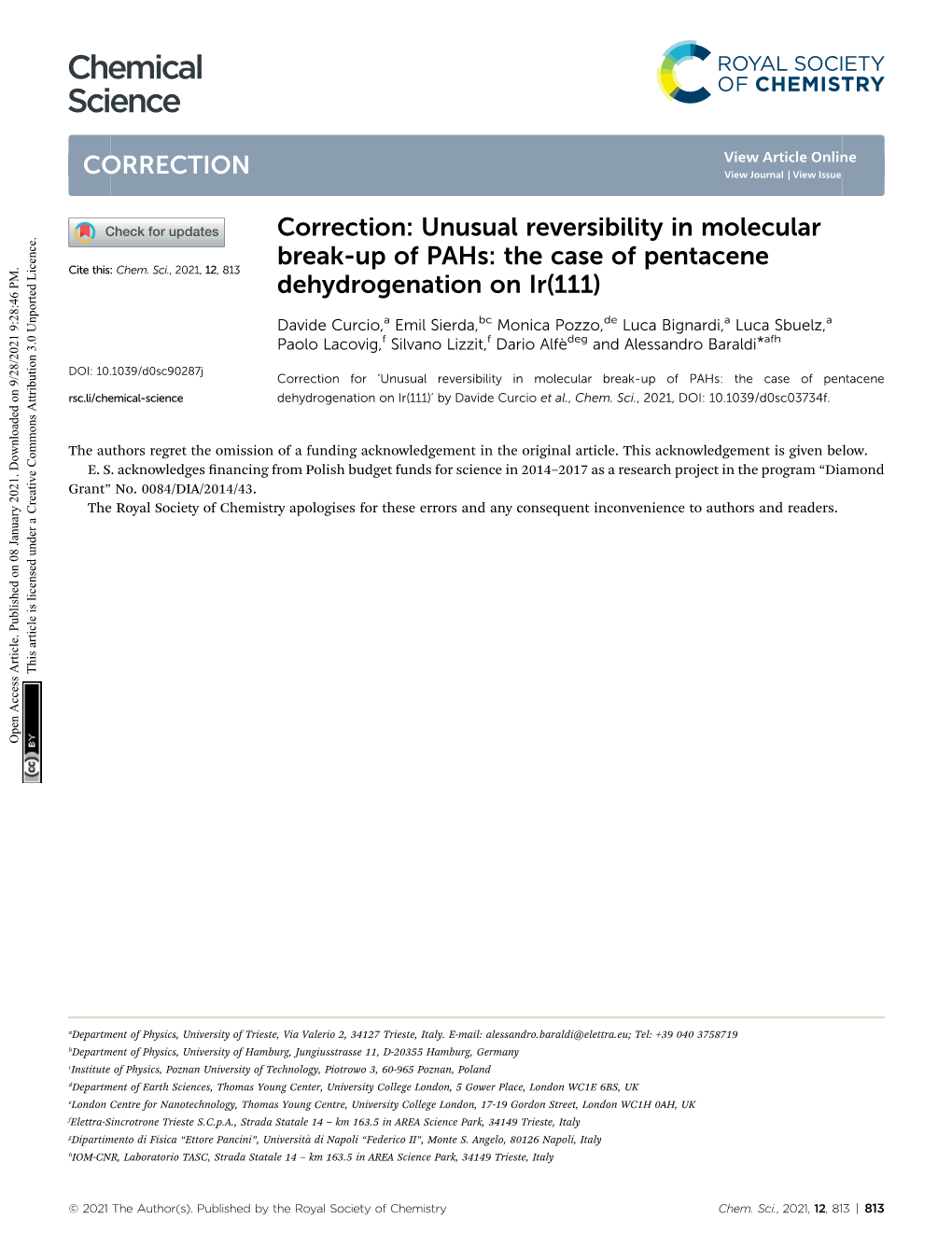 Correction: Unusual Reversibility in Molecular Break-Up of Pahs: the Case of Pentacene Cite This: Chem