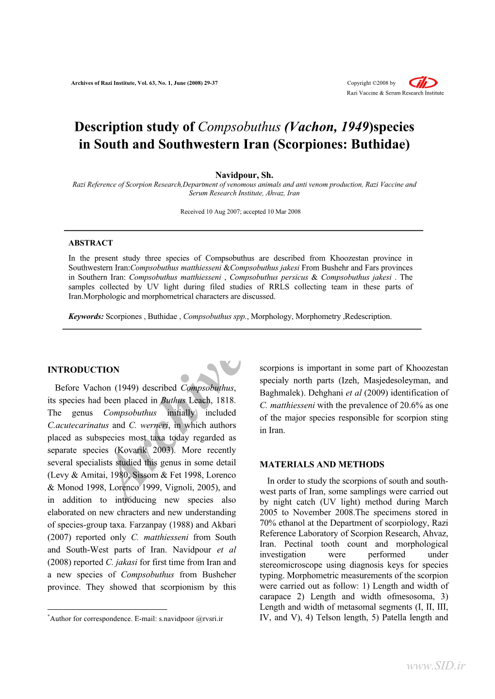 Description Study of Compsobuthus (Vachon, 1949)Species in South and Southwestern Iran (Scorpiones: Buthidae)