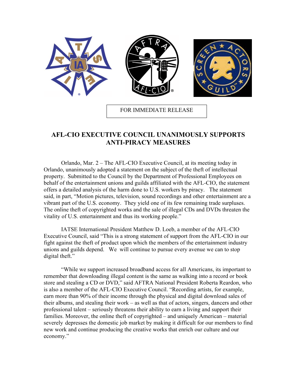 Afl-Cio Executive Council Unanimously Supports Anti-Piracy Measures