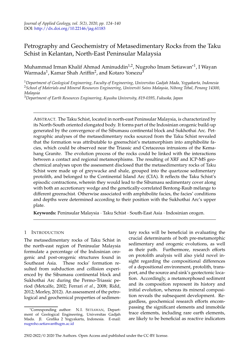 Petrography and Geochemistry of Metasedimentary Rocks from the Taku Schist in Kelantan, North-East Peninsular Malaysia