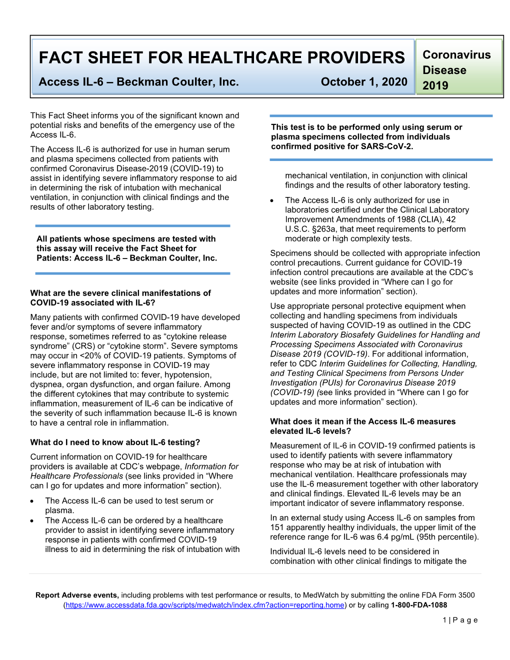 FACT SHEET for HEALTHCARE PROVIDERS Coronavirus Disease Access IL-6 – Beckman Coulter, Inc