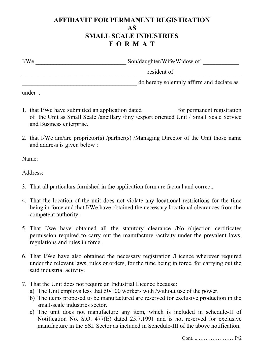 Affidavit for Permanent Registrate