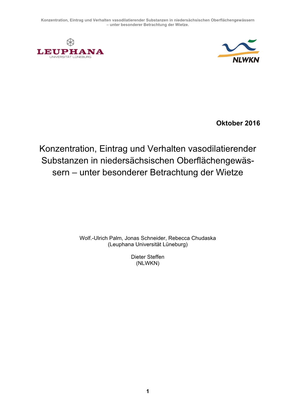 Konzentration, Eintrag Und Verhalten Vasodilatierender Substanzen in Niedersächsischen Oberflächengewässern – Unter Besonderer Betrachtung Der Wietze