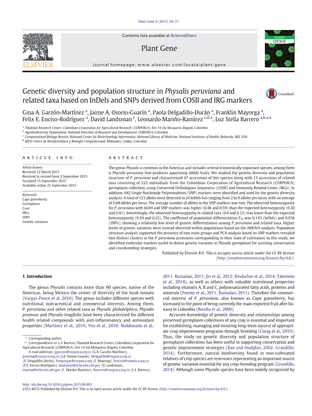 Genetic Diversity and Population Structure in Physalis Peruviana and Related Taxa Based on Indels and Snps Derived from COSII and IRG Markers