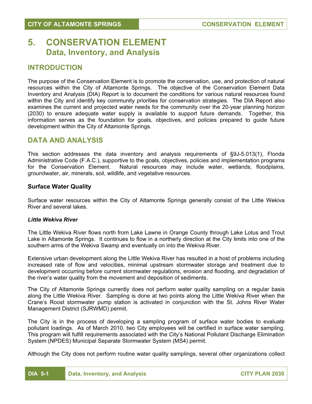 5. CONSERVATION ELEMENT Data, Inventory, and Analysis