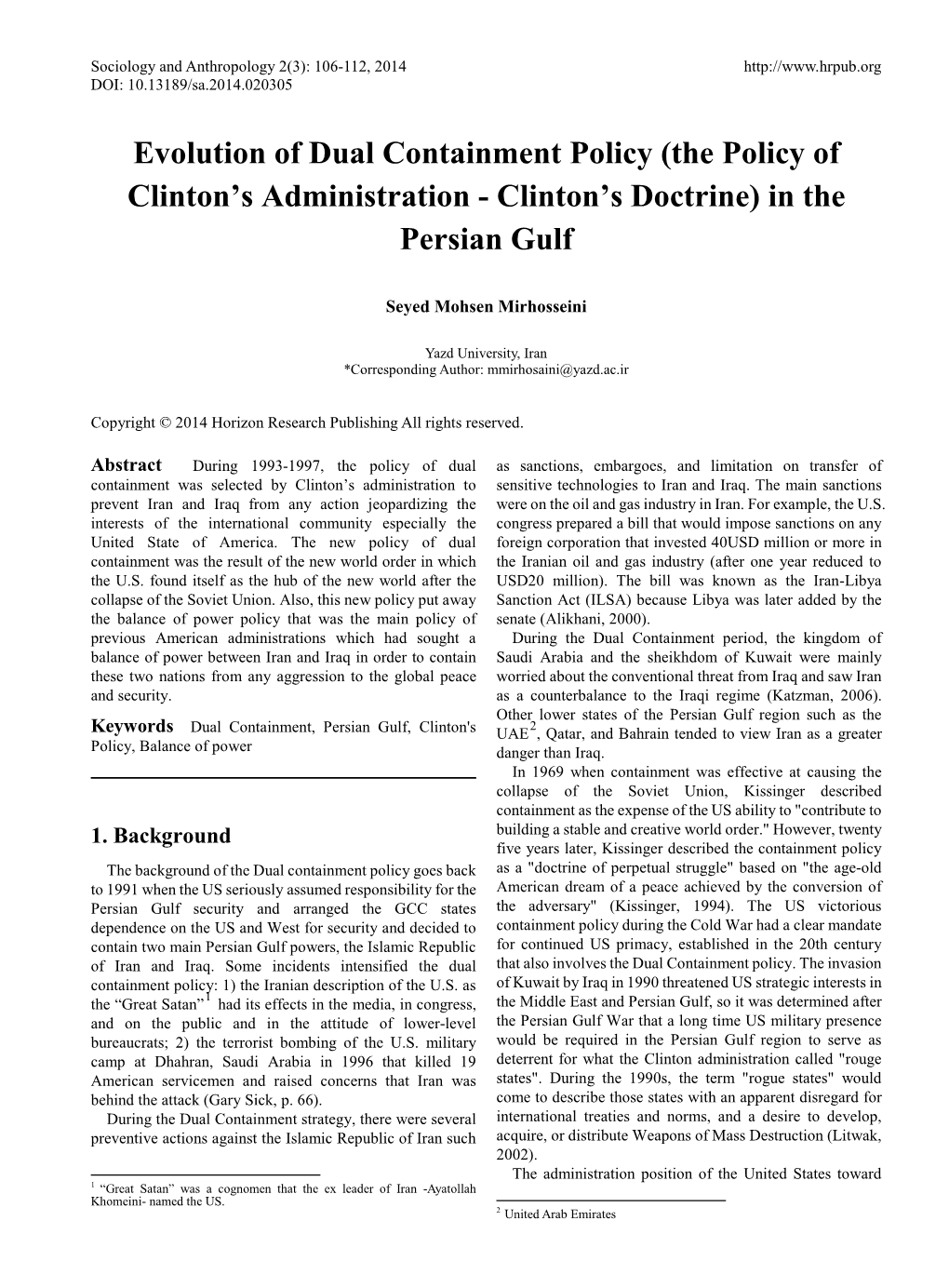 Evolution of Dual Containment Policy (The Policy of Clinton’S Administration - Clinton’S Doctrine) in the Persian Gulf