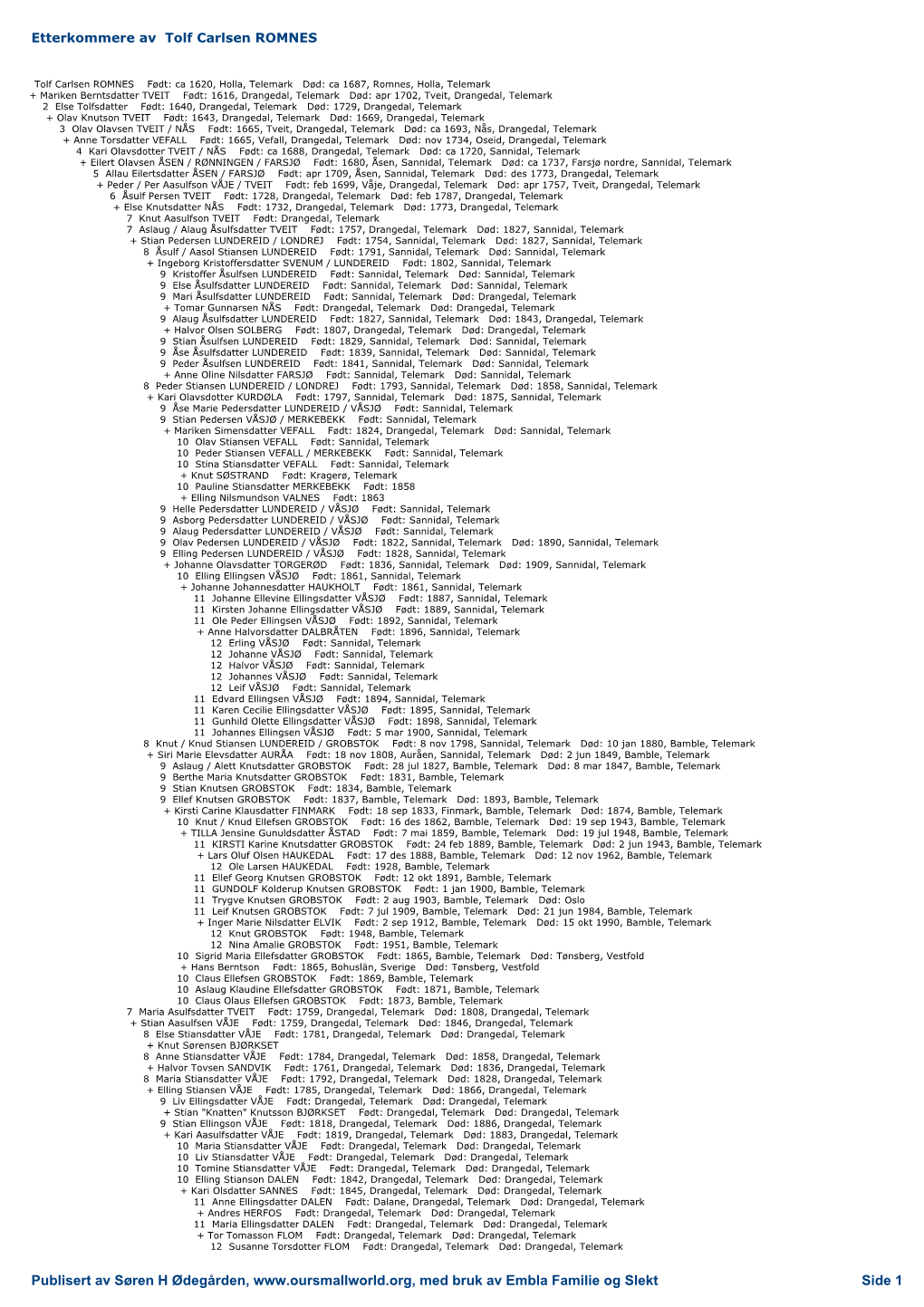 Publisert Av Søren H Ødegården, Med Bruk Av Embla Familie Og Slekt Side 1 Etterkommere Av Tolf Carlsen ROMNES