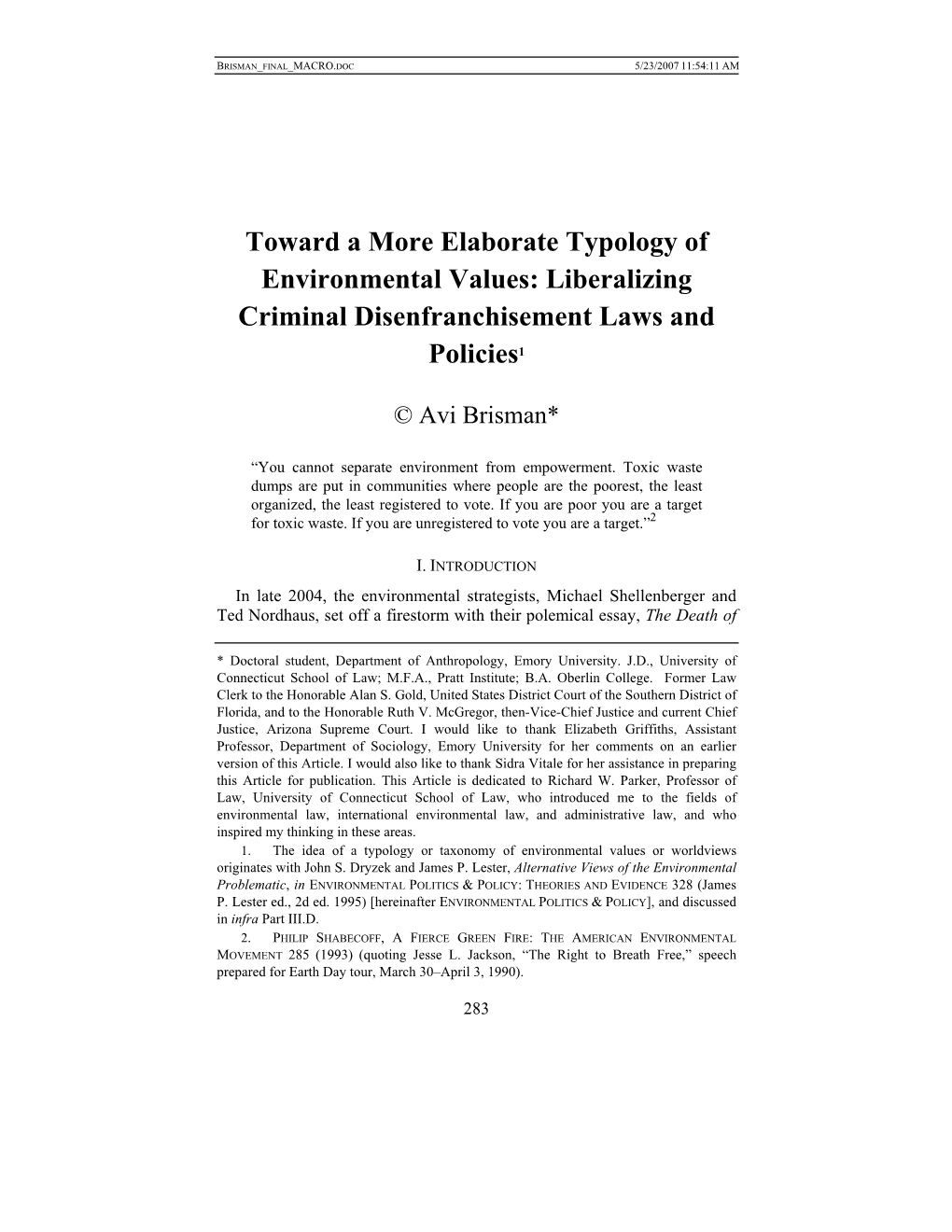 Toward a More Elaborate Typology of Environmental Values: Liberalizing Criminal Disenfranchisement Laws and Policies1