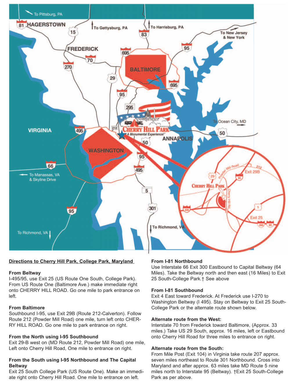 Directions to Cherry Hill Park, College Park, Maryland from Beltway I-495