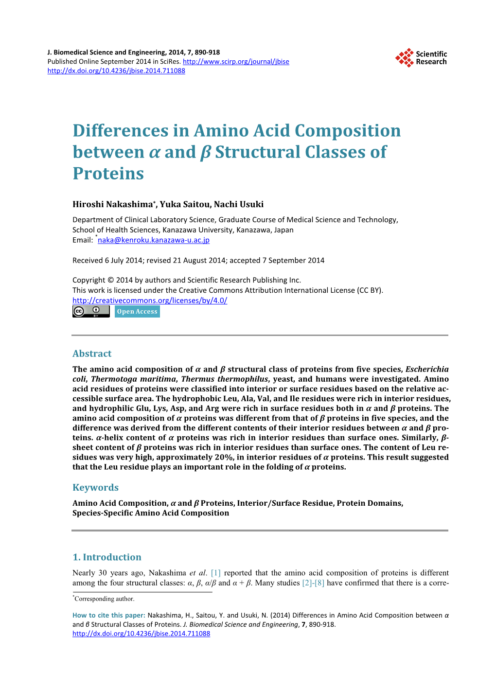 Differences in Amino Acid Composition Between Α and Β Structural Classes of Proteins