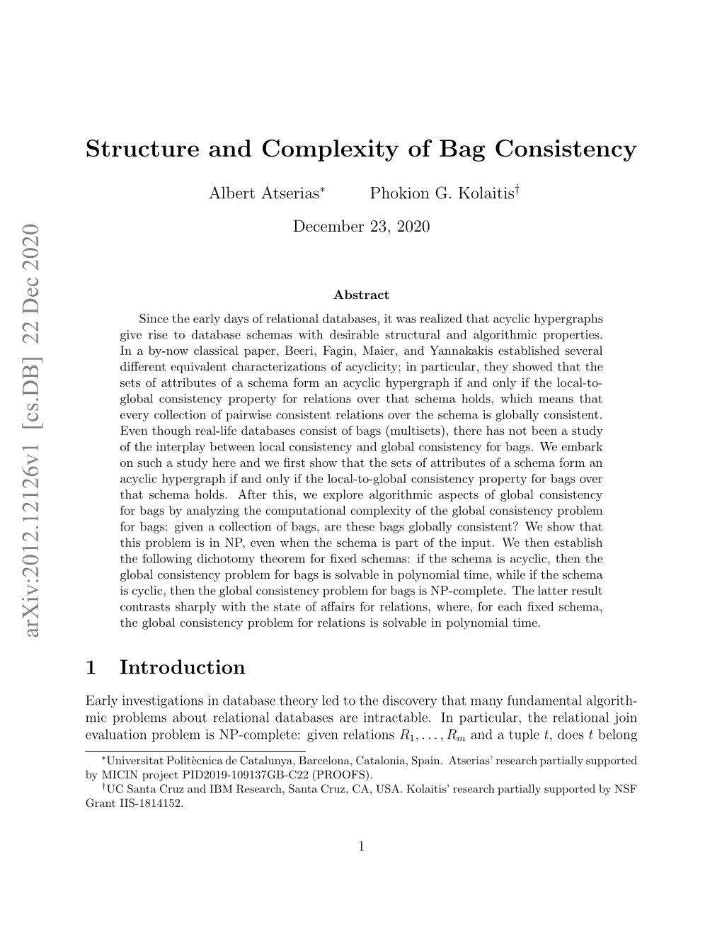 [Cs.DB] 22 Dec 2020 Structure and Complexity of Bag Consistency