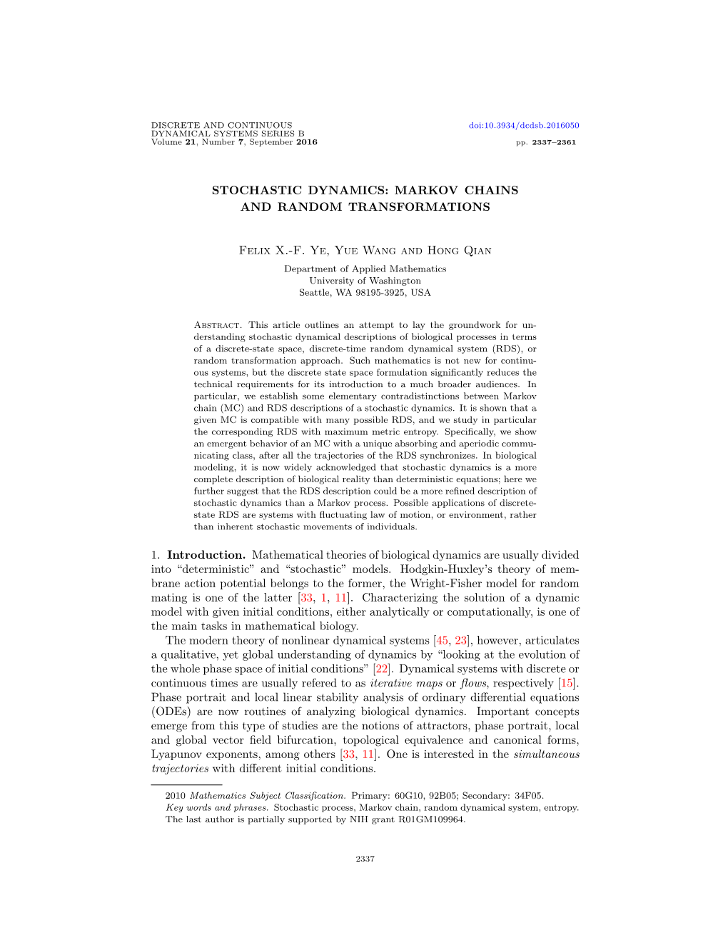 STOCHASTIC DYNAMICS: MARKOV CHAINS and RANDOM TRANSFORMATIONS Felix X