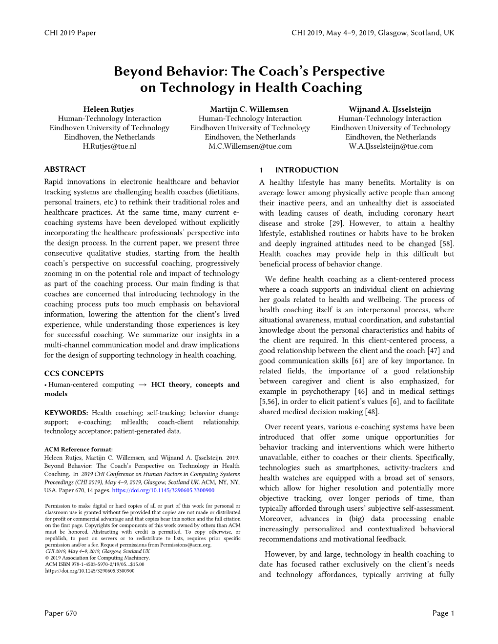 Beyond Behavior: the Coach"™S Perspective on Technology in Health Coaching