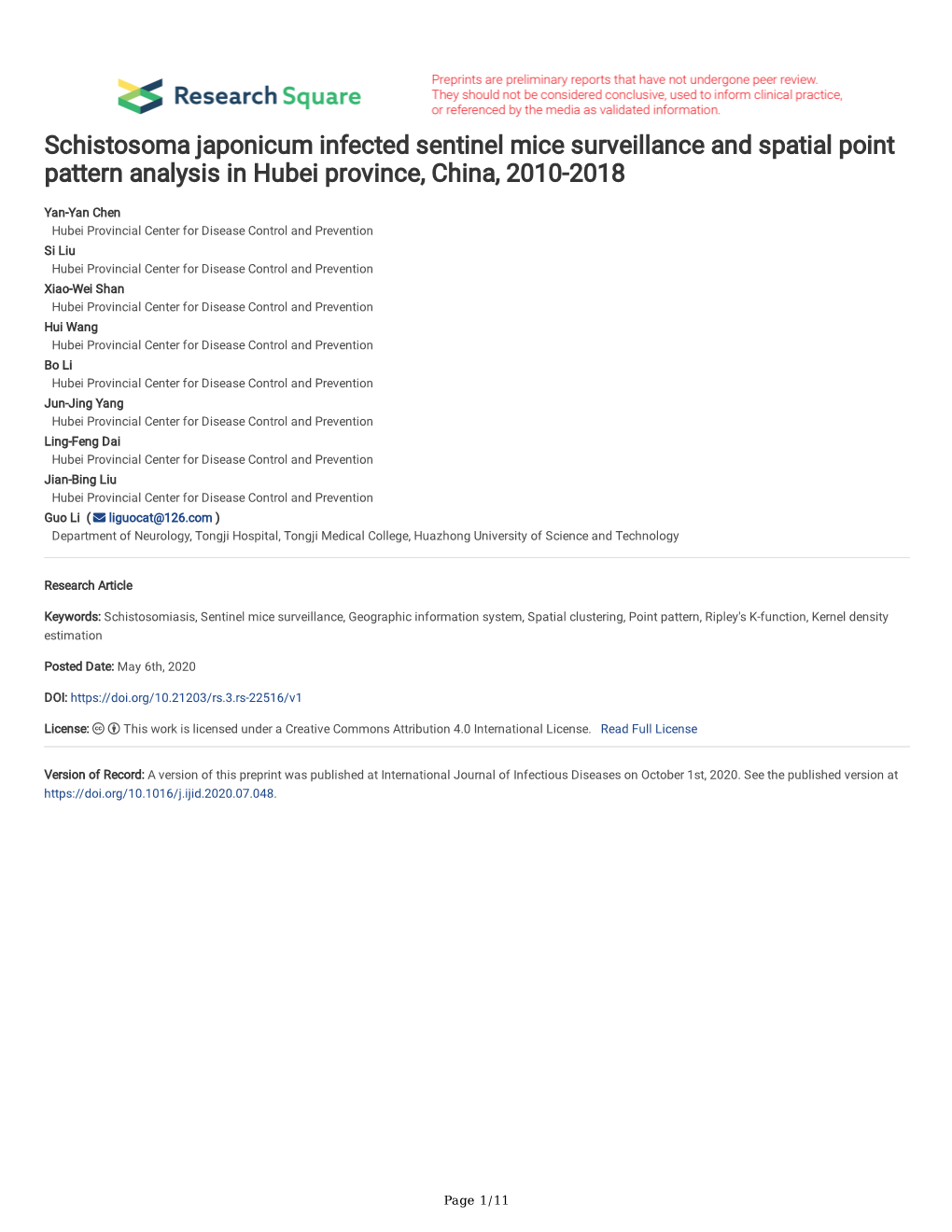 Schistosoma Japonicum Infected Sentinel Mice Surveillance and Spatial Point Pattern Analysis in Hubei Province, China, 2010-2018