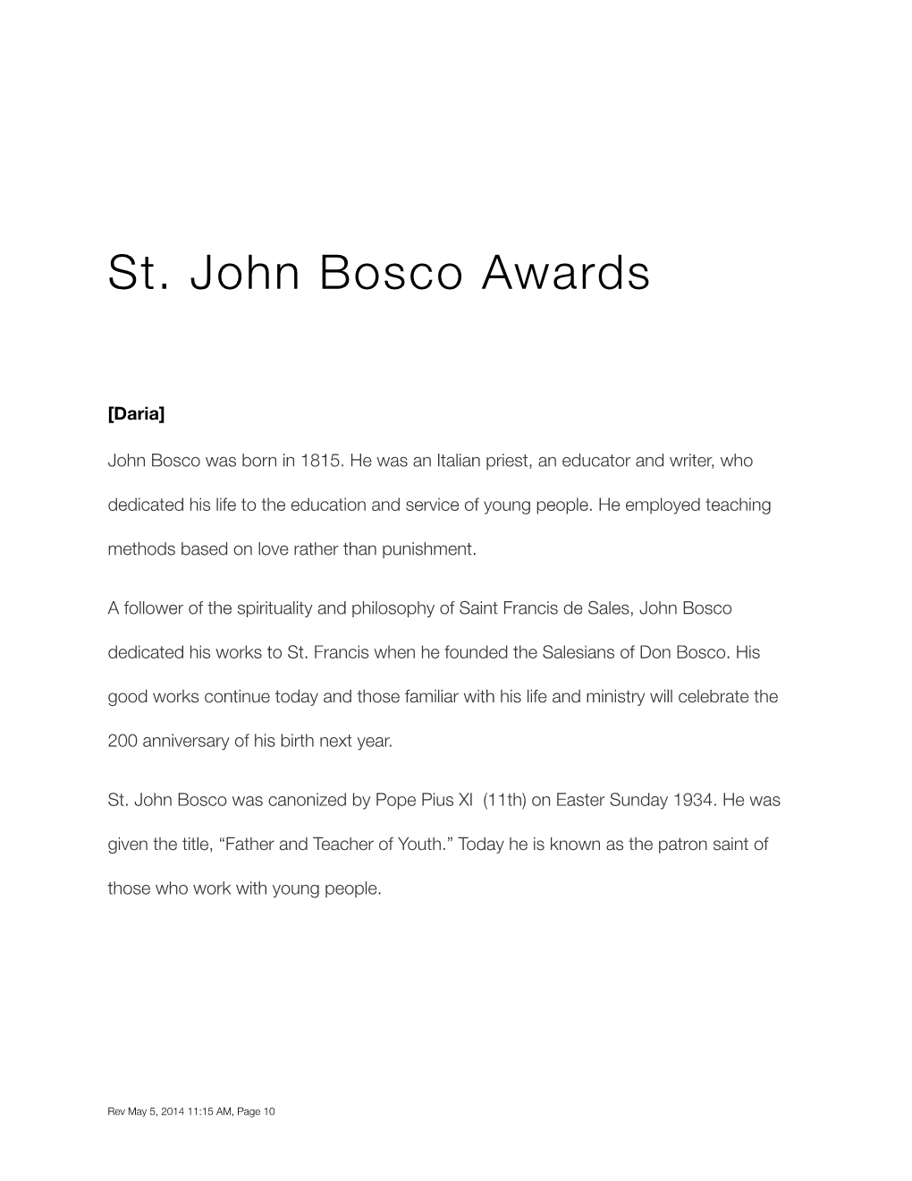 St. John Bosco Awardees