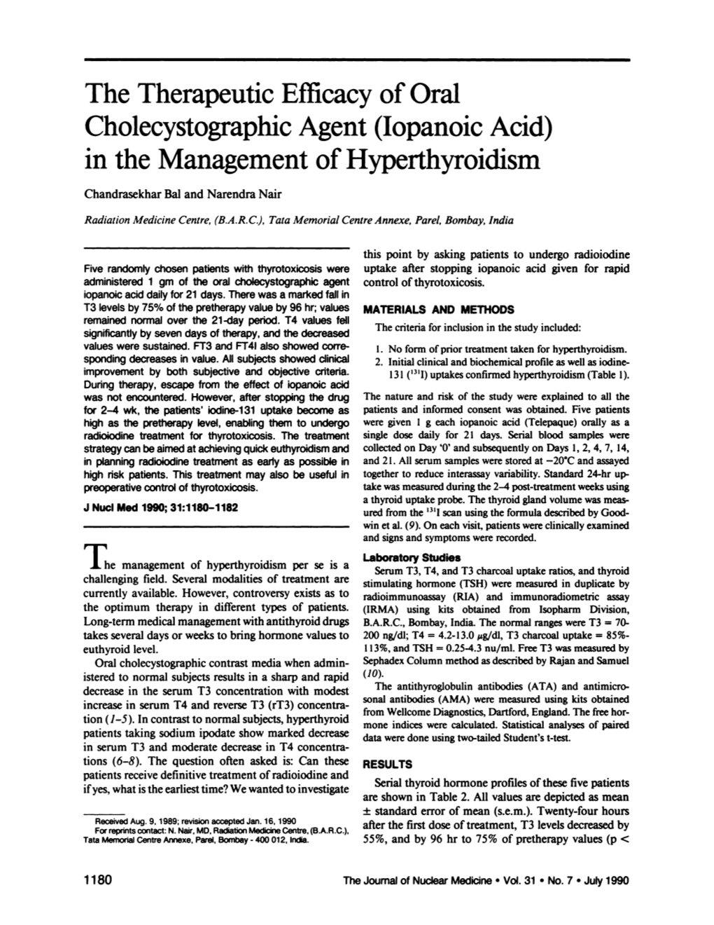 (Lopanoic Acid) in the Management of Hyperthyroidism