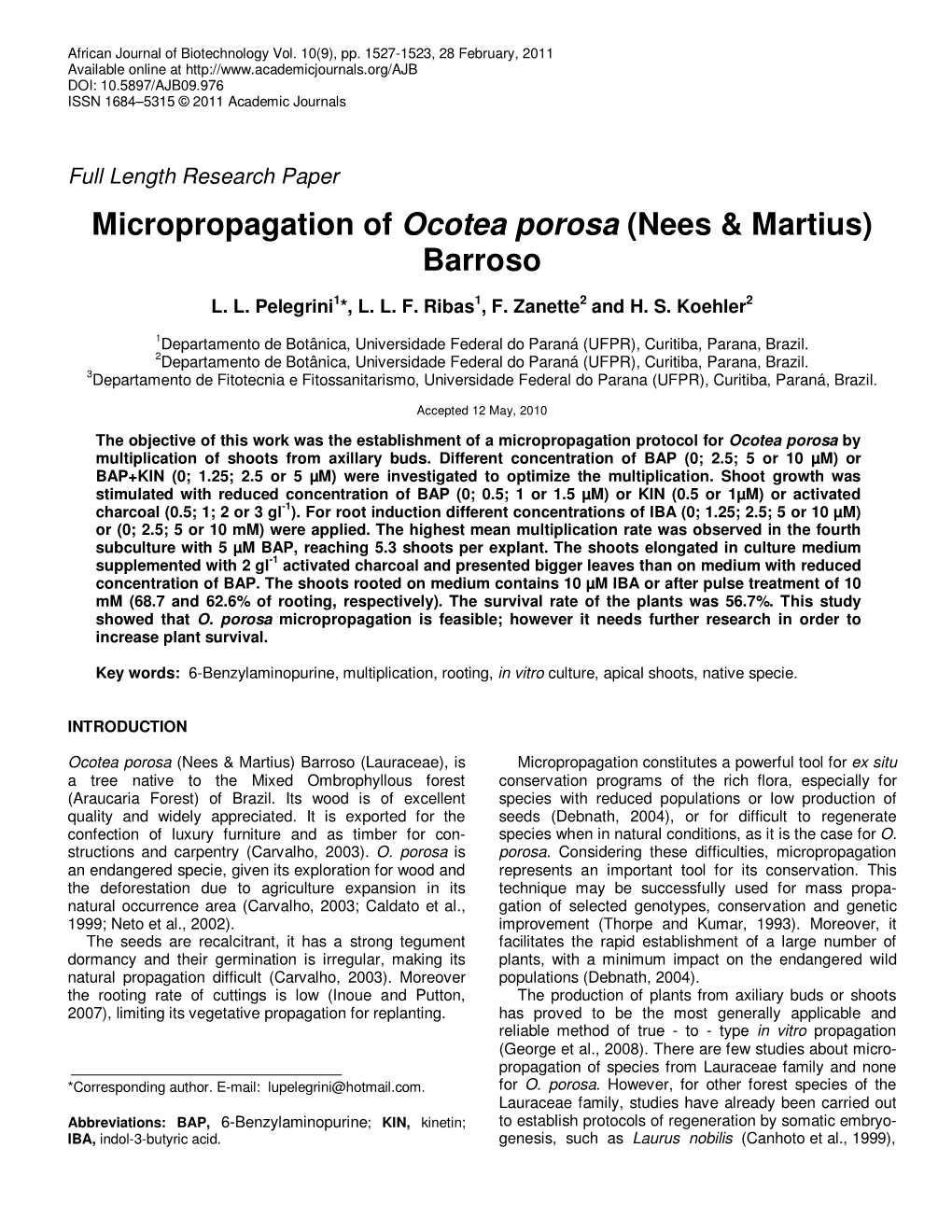 Micropropagation of Ocotea Porosa (Nees & Martius) Barroso