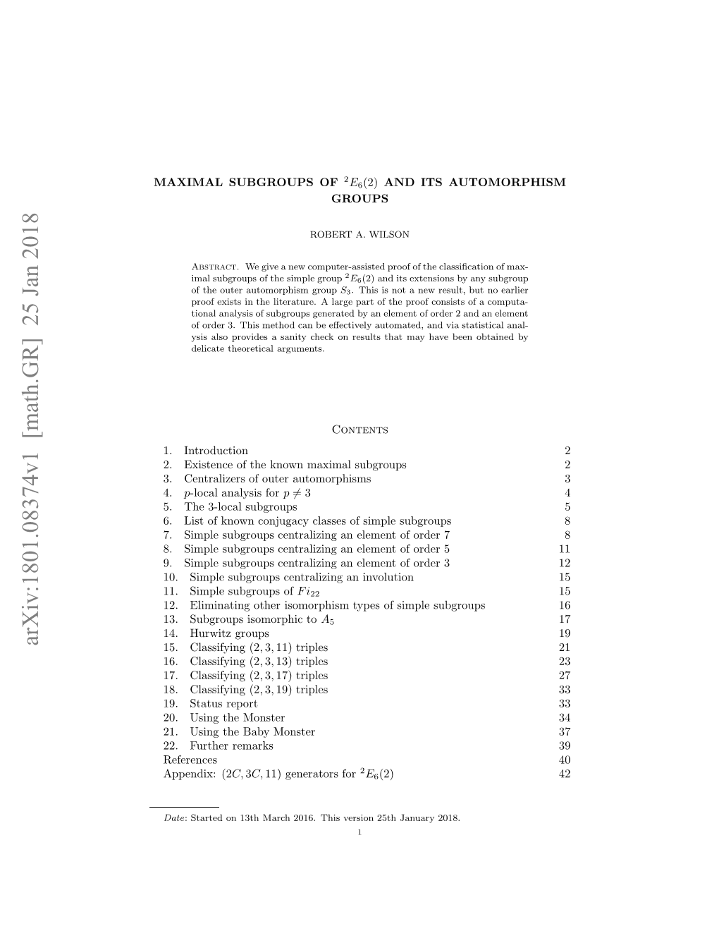 Arxiv:1801.08374V1 [Math.GR] 25 Jan 2018 AIA UGOP of SUBGROUPS MAXIMAL Pedx (2 Appendix: Remarks References Further Monster Baby the 22