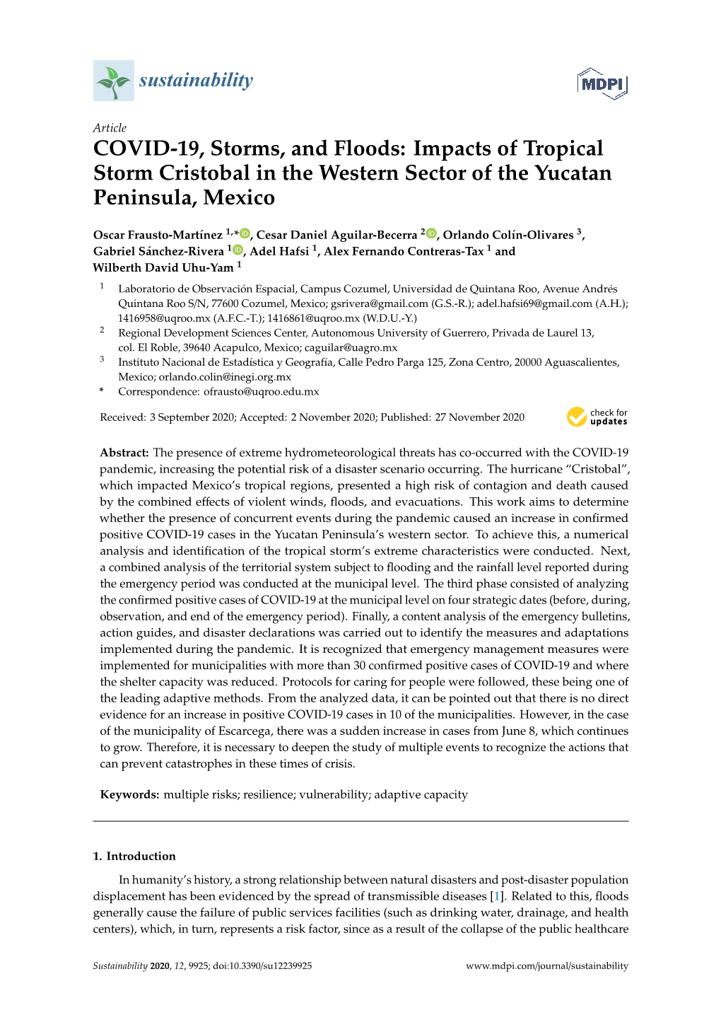 COVID-19, Storms, and Floods: Impacts of Tropical Storm Cristobal in the Western Sector of the Yucatan Peninsula, Mexico