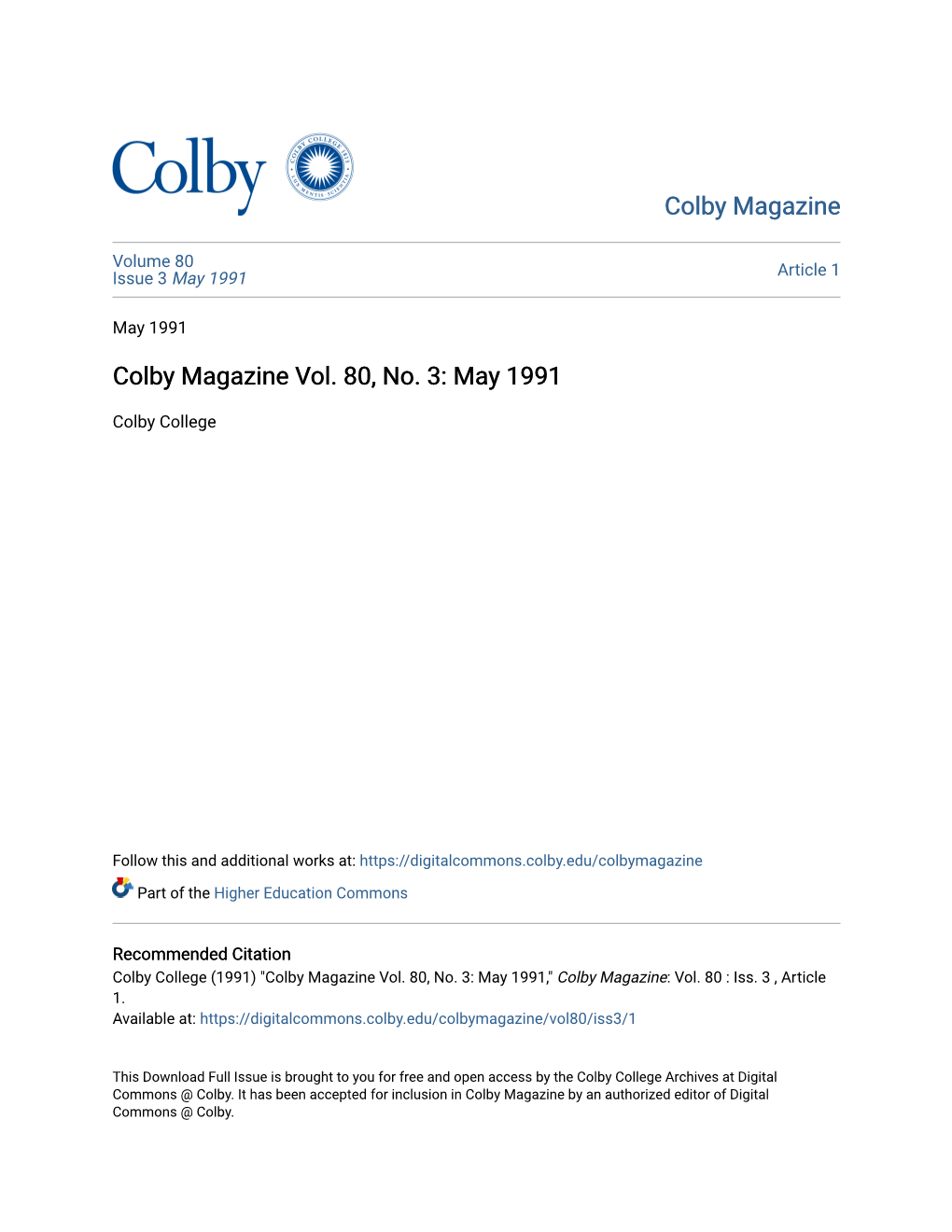 Colby Magazine Vol. 80, No. 3: May 1991