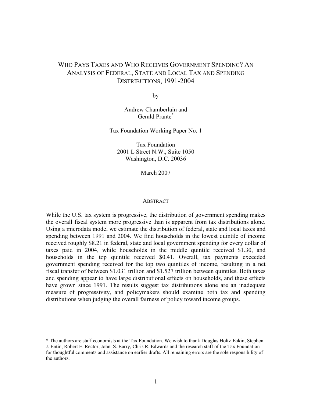 An Analysis of Federal, State and Local Tax and Spending Distributions, 1991-2004