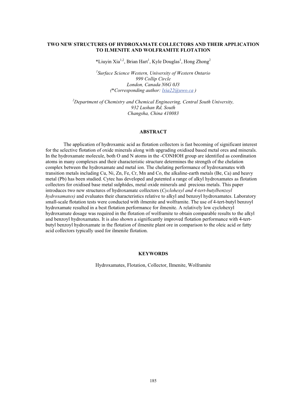 Two New Structures of Hydroxamate Collectors and Their Application to Ilmenite and Wolframite Flotation